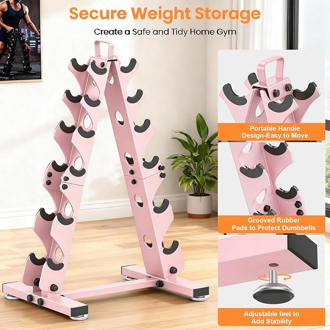 TomCare 6-Tier|5-Tier|4-Tier|2-Tier Dumbbell Rack Stand Only for Home Gym | Stable A-Frame, Fits 5–35 lb Dumbbells, Protective Padded Cradles, Adjustable Feet, Easy-Carry Handle (Stand Only)