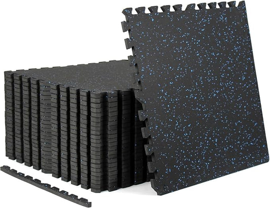 0.56" Rubber Top Gym Flooring, 24 Tiles 96 Sq Ft Heavy Duty Interlocking Gym Mats for Home Gym, Non-Slip High Density EVA Foam Workout Mat, Protect Floors from Weights, 24x24in, Black/Blue