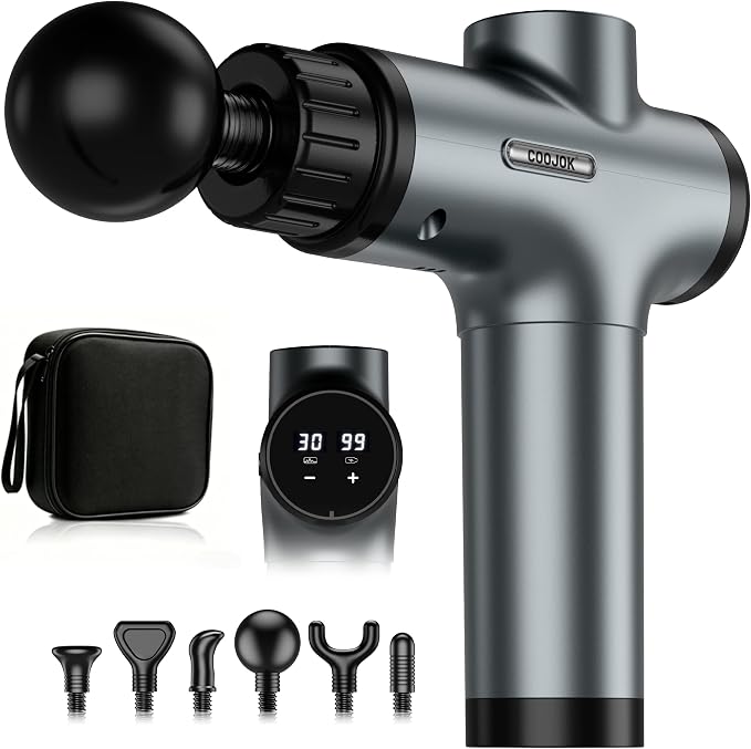 Massage Gun, Deep Tissue Percussion Massager 30 Speeds for Pain Relief | Handheld Electric Back & Neck Muscle Massager with 6 Massage Heads for Athletes, Men & Women (Gray)