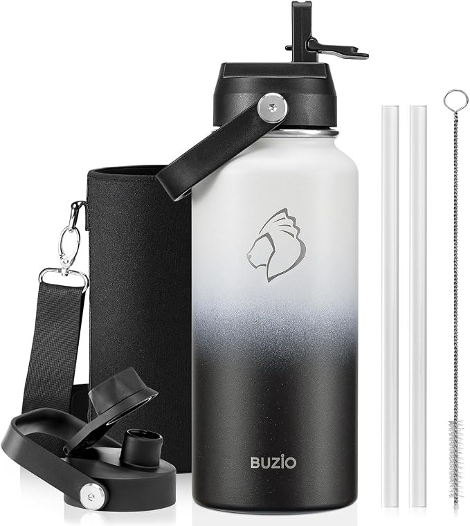 BUZIO Insulated Stainless Steel Water Bottle 32 oz with Straw & Spout Lids | Triple Wall Insulated Tumbler (Dishwasher Safe) ,Cold for 48 Hrs/Hot for 24 Hrs, Leakproof, BPA-Free, for Sports, Gym, School