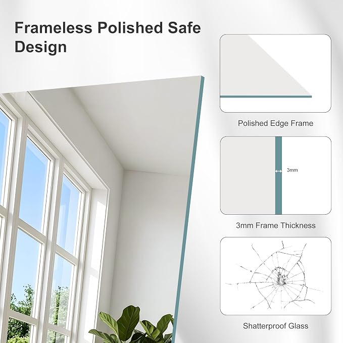 60"x36" Frameless Mirror, Frameless Bathroom Mirror for Over Sink, Large Rectangle Home Gym Mirror for Wall, Upgraded Shatterproof Wall Mount Vanity Mirror for Bedroom, Living Room, Entryway