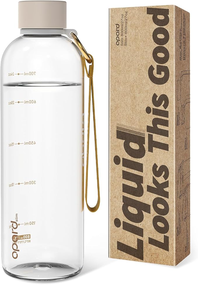 Opard Slim Water Bottle 27oz, Dishwasher Safe Plastic Water Bottle BPA-Free, Leakproof Screw Top, Clear Cream, Reusable for Travel School Sport Gym Hiking