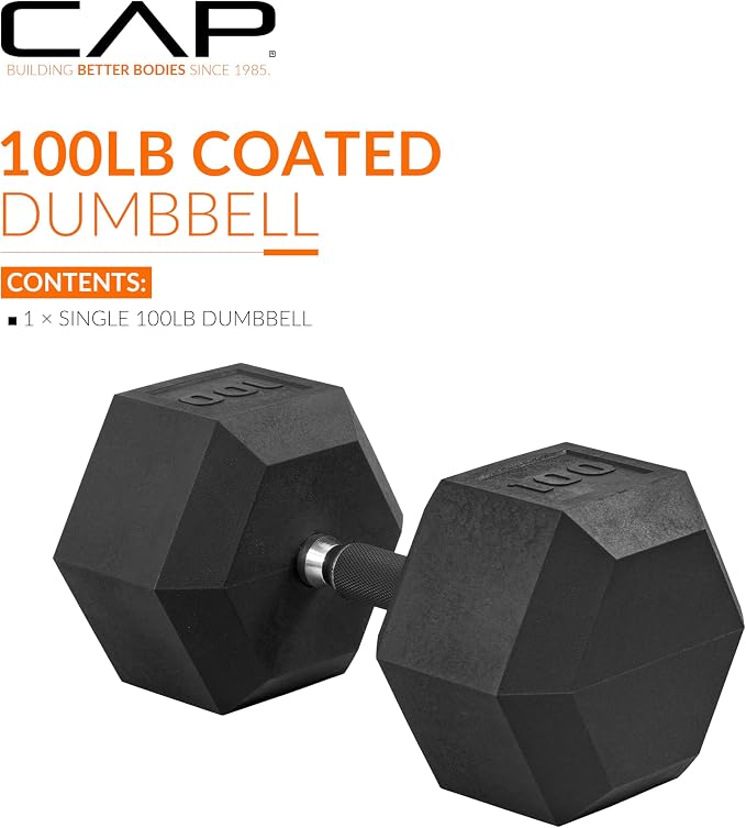 CAP Rubber Coated Dumbbell Weights, Free Weights for Home Gym Strength Training, Anti-Roll Hex Dumbbells with Black, Chrome & Comfort Grip Handles, Singles