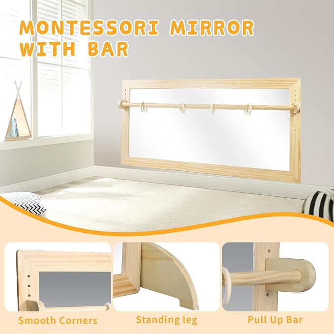 Montessori Mirror with Bar, Adjustable Wood Baby Pull Up Bar, Floor & Wall Shatterproof Safety Infant Coordination Montessori Furniture, for Home, Daycare, or Preschool
