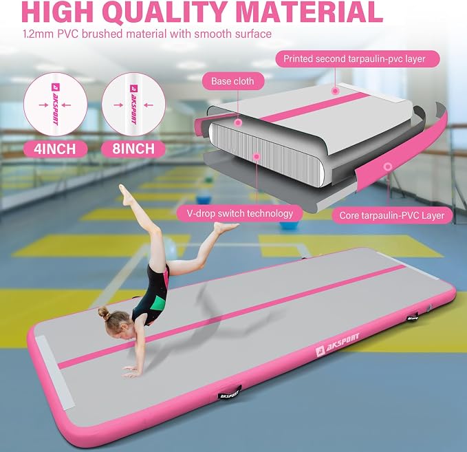 AKSPORT Gymnastics Air Mat Tumble Track Tumbling Mat Inflatable Floor Mats with Air Pump for Home Use/Tumble/Gym/Training/Cheerleading/Parkour/Beach/Park/Water