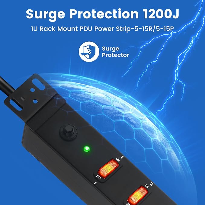 JUNNUJ PDU Rack Mount Power Strip, Heavy Duty 12 Gauge Cord, 6FT, 1 | 8 Outlets Individual Switches, Metal, Server Mountable Surge Protector.