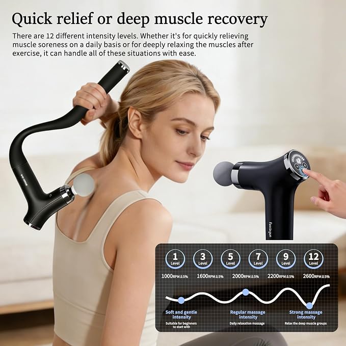 Sfozstra Deep Tissue Massage Gun:12-Speed, Extended Handle,Black | Percussion Massager/ Back Massager / 4 Interchangeable Heads / Portable Design / Workout Recovery