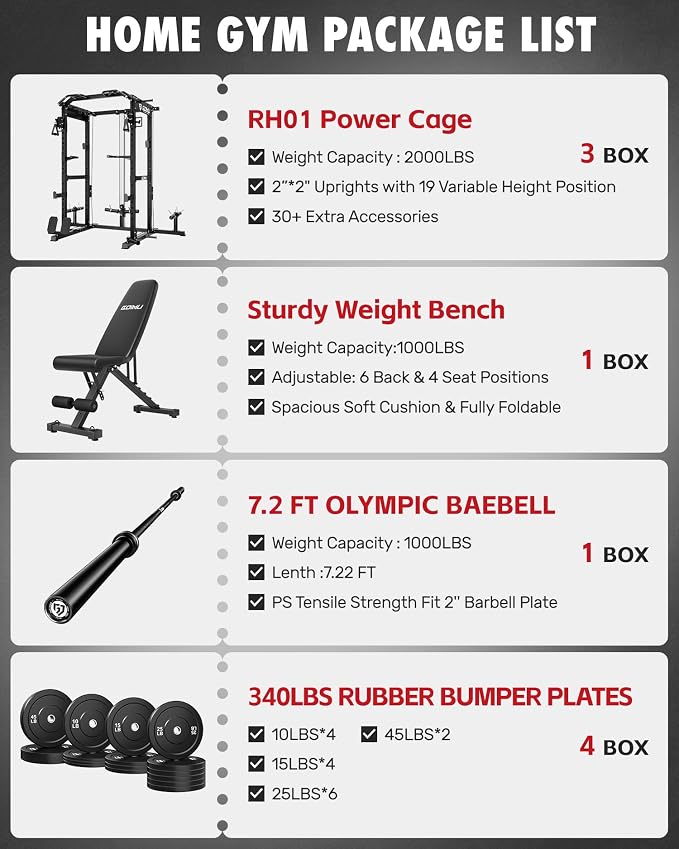 RH01 Power Cage Rack, 2000LBS Squat Rack with with Cable Crossover System&LAT Pull Down System, Multi-Function Workout Cage for Home&Garage Gym