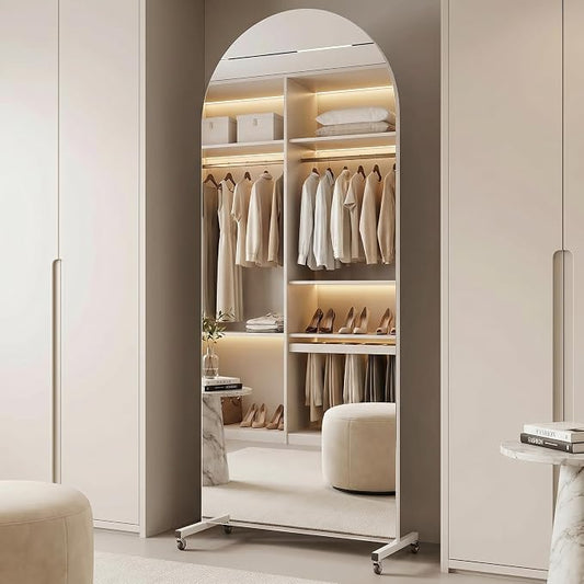 75” x 32” Arched Full Length Floor Mirror, Lockable Wheels for Easy Moving & No Wobble, Shatter‑Resistant Glass for Worry‑Free Practice, Ideal for Home Dance, Yoga & Gym, White Metal Frame