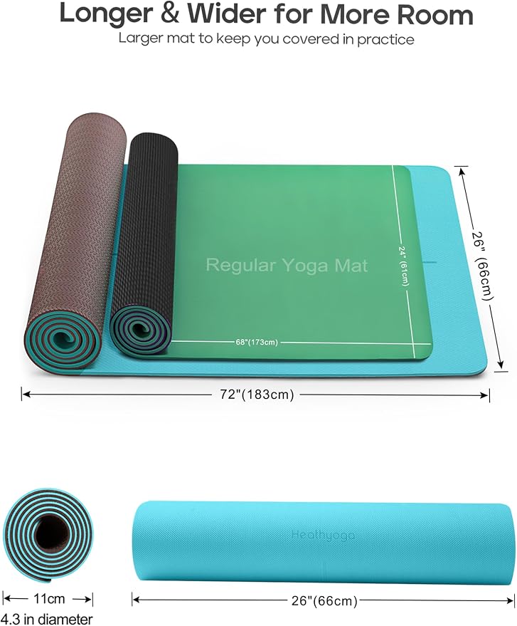 Heathyoga Yoga Mat Non Slip TPE Pilates Exercise Mats for Home Workout Gym Fitness Eco Friendly Thick Hot Yoga Mat with Strap Body Alignment,72"x 26" Thickness 1/4"