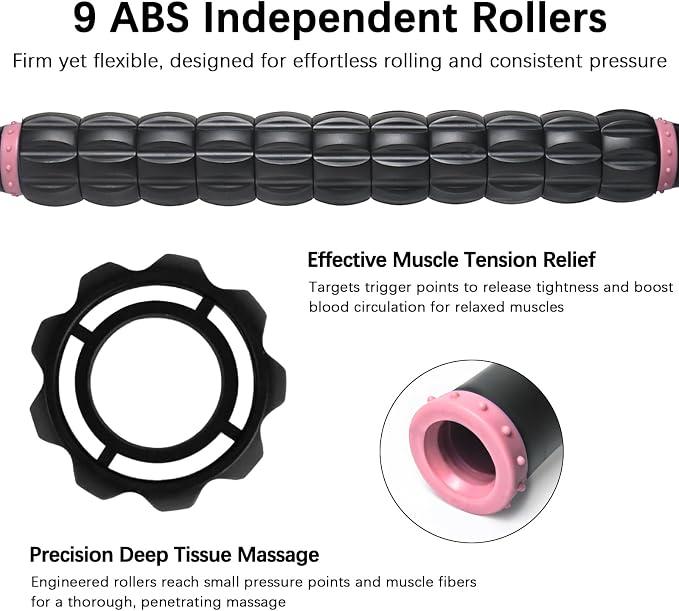 Muscle Roller Massage Roller Stick- Deep Tissue Fascia Blaster for Myofascial Pain Relief, Lymphatic Drainage & Body Sculpting, Handheld Physical Therapy & Recovery Tool (Pink Black