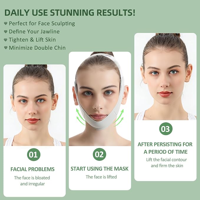Reusable Facial Lifting Belt, V Line Lifting Mask with Chin Strap for Sleeping, Jaw Exerciser V-Shaped Double Chin Reduce (Green)