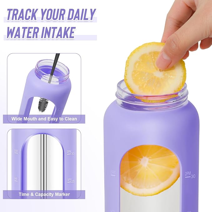 FULBEVY 25 oz Glass Water Bottles - Motivational Tumbler With Time Marker - Borosilicate Glass With Silicone Sleeve and 2 Lids, Handle Spout & Bamboo Straw Lid (Purple)