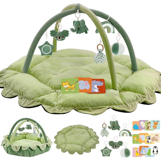 5-in-1 Plush Baby Play Gym, Activity Mat with Convertible Gym, Baby Gym 6 Sensory Toys, Play Center for Newborn to Toddler, Green