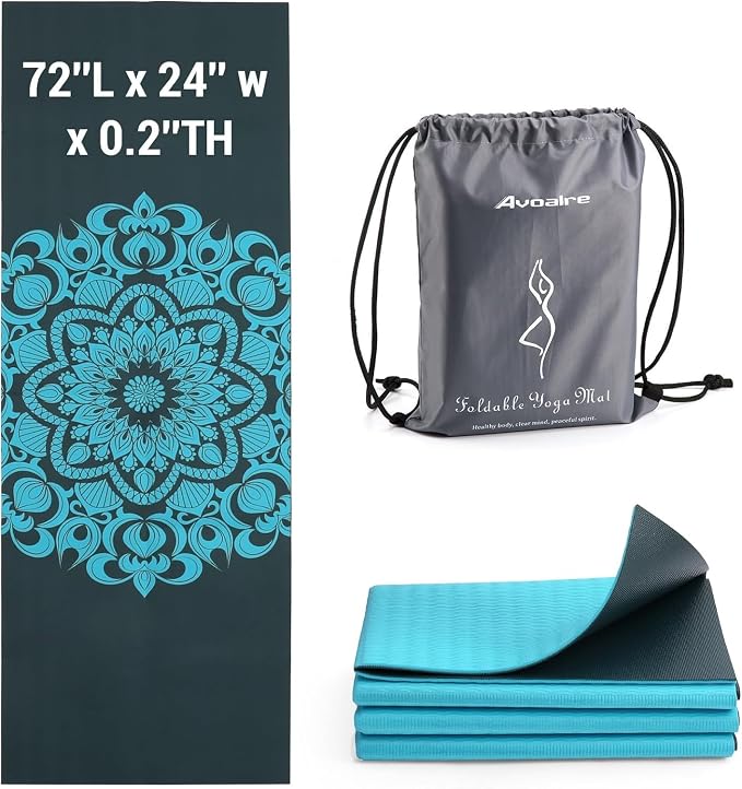 Avoalre Folding Yoga Mat, Eco-Friendly PVC Travel Yoga Mat Packable, Double Sided Non-Slip Printed Yoga Mats with Bag for Home Workout Gym Exercise Fitness Pilates Stretching (72" x 24" x 1/5" Thick)