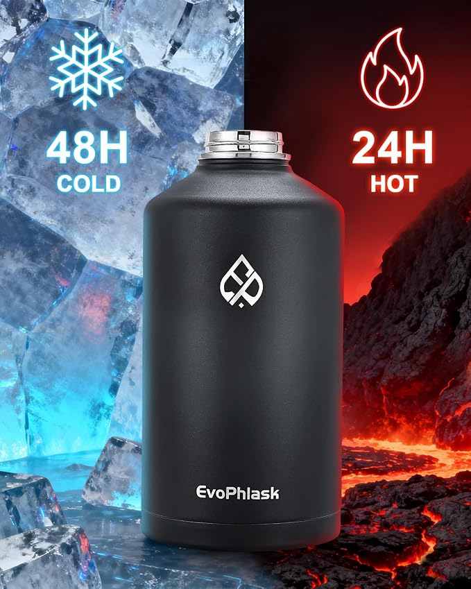 1 Gallon Water Bottle Insulated(Cold for 48Hrs), Matte Black | Stainless Steel, BPA Free, Leak Proof, 128 oz Gallon Water Jug for Sport, Hiking, Camping