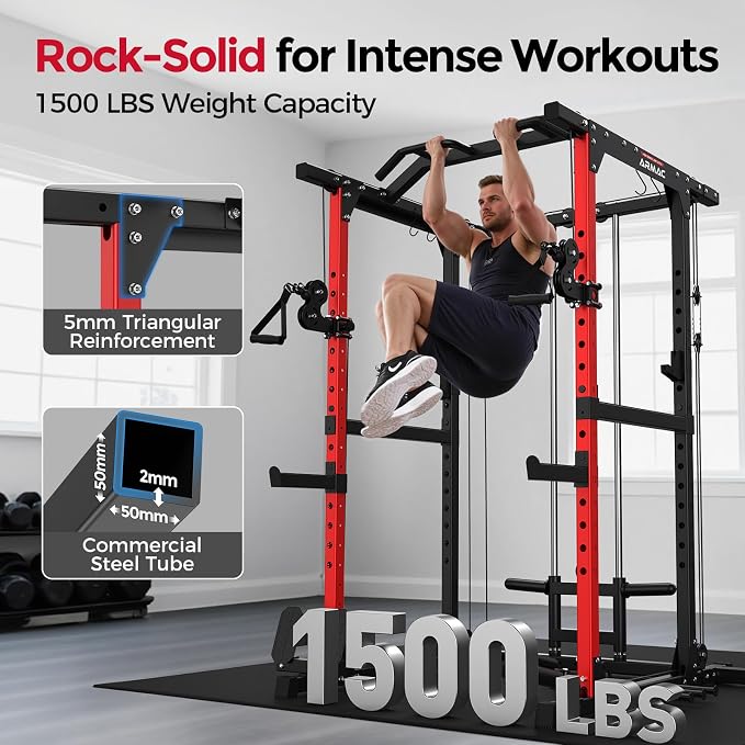 ARMAC Power Cage,1500lbs Multi-Function Power Rack with Adjustable Cable Crossover System and More Training Attachment, Weight Cage for Home Gym