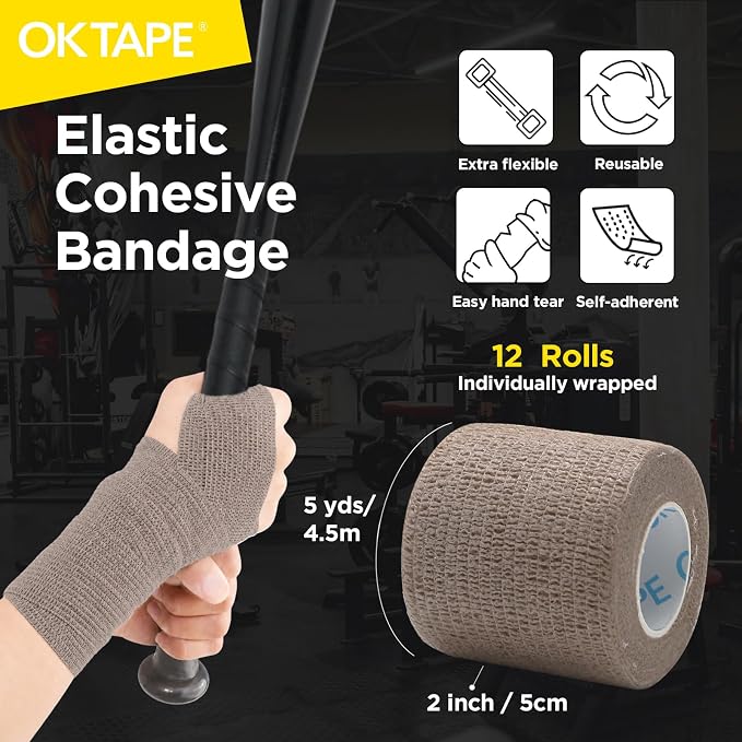OK TAPE 12 Rolls Self Adhesive Bandage Wrap, Cohesive Elastic Athletic Tape | Vet Wrap, Sports Tape, Medical Wrap for Wrist, Feet, Self Stick Bandage Tape, 2" x 5 Yards - Brown
