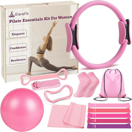 Home Pilates Ring and Ball Set for Women with 5 Resistance Bands 13 inch Magic Circle Workout Starter Kit for Beginners Full Body Toning 15 Min Daily Routine