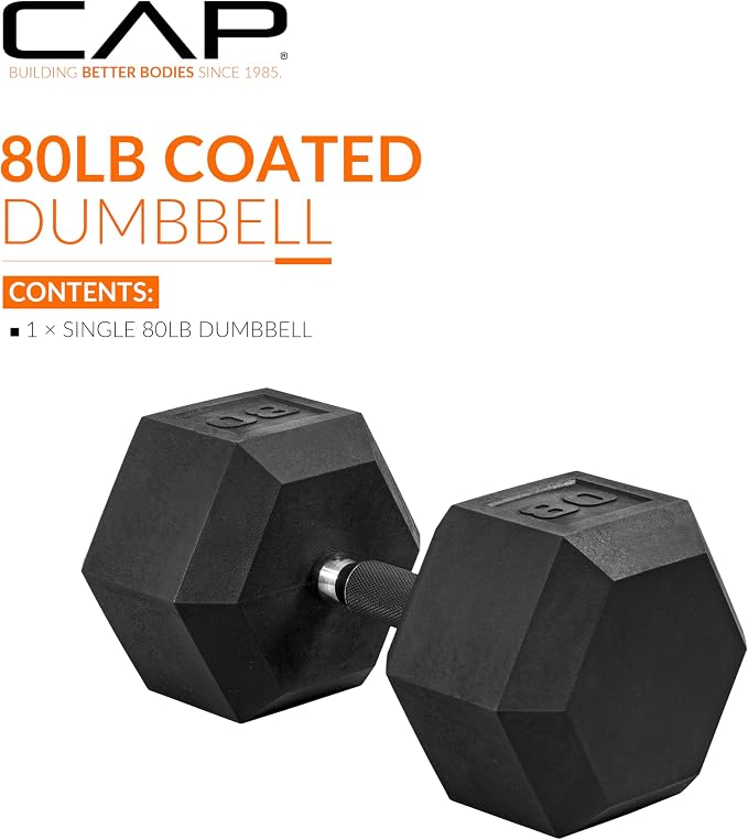 CAP Rubber Coated Dumbbell Weights, Free Weights for Home Gym Strength Training, Anti-Roll Hex Dumbbells with Black, Chrome & Comfort Grip Handles, Singles