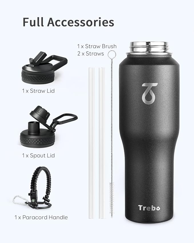 Trebo 32 oz Water Bottle Insulated Fits in Any Car Cup Holder with 2 Lids | Stainless Steel T-shape Tumbler with Paracord Handle, Triple Wall Vacuum Copper Plated, Cold 48 Hrs for Travel, Leakproof