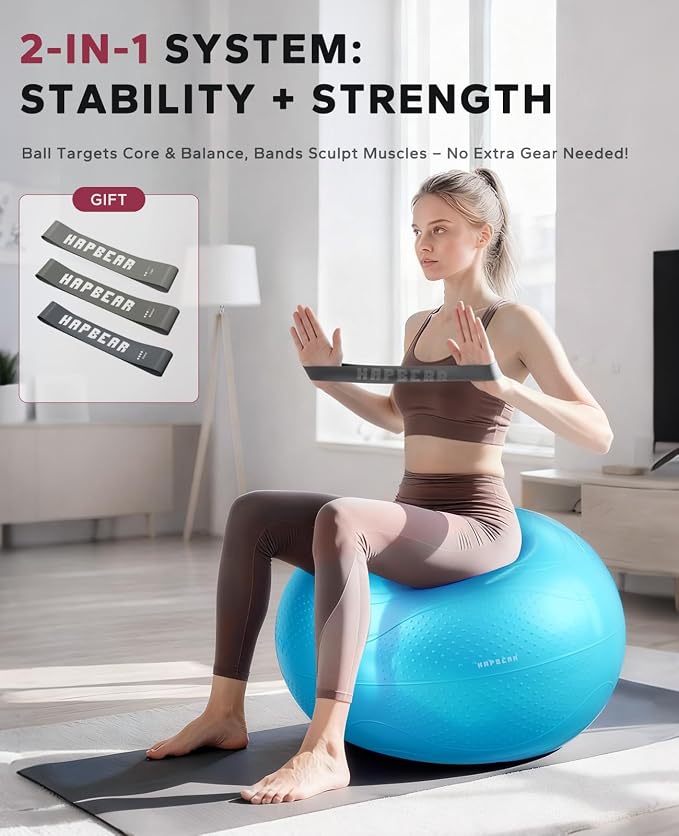 HAPBEAR Exercise Ball- Anti-Burst Slip-Resistant Yoga/Pilates Ball for Core Training & Posture Improvement, Home Gym/Rehab/Pregnancy Ball, Quick Pump & 3 Resistance Bands Included