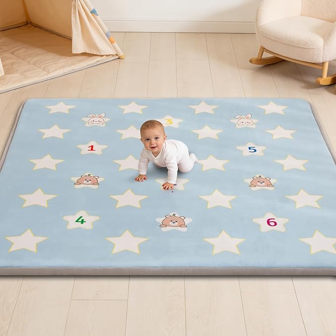 Baby Play Mat for Floor, 50'' x 50'' Thicken Foam Soft Padded Playmat for Tummy Time, Playpen Mat for Toddlers Infant Kids, Water-Repellent Coral Velvet, Non-Slip Bottom Safe for Crawling (Star)