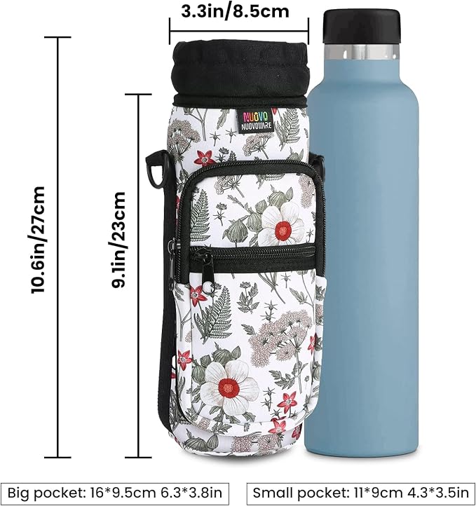 Nuovoware Water Bottle Carrier Bag, 25oz/32oz Bottle Pouch Holder, Adjustable Shoulder Hand Strap 2 Pocket Sling Neoprene Sleeve Sports Water Bottle Accessories for Gym Hiking Travel, Hibiscus White