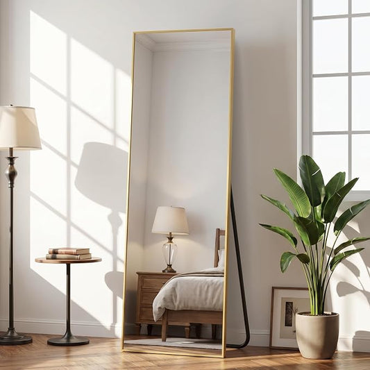 Antok Full Length Mirror, 56"x15" Floor Mirror with Stand, Hanging Mounted Mirrors for Bedroom, Living Room, Cloakroom, Dining Room, Gold, Rect