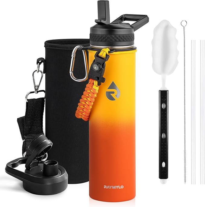 RAYMYLO Insulated Water Bottle 24 oz, Triple Wall Vacuum Stainless Steel | (Cold for 24Hrs, Hot for 12Hrs), Leak Proof & Non-BPA, Modern Water Flask Jug with Paracord Handle & Straw Spout Lids