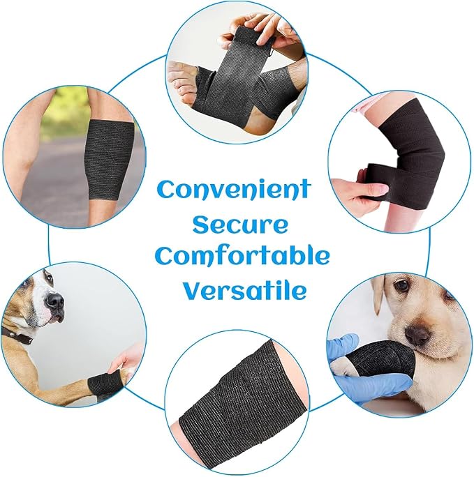 24 Rolls Elastic Self Adhesive Bandage Wrap 1 Inch, Breathable Non Woven Cohesive Bandage, Vet Wrap for Dogs, Ankle Sprains Swelling Medical First Aid Tape, Sports Athletic Tape Color Black