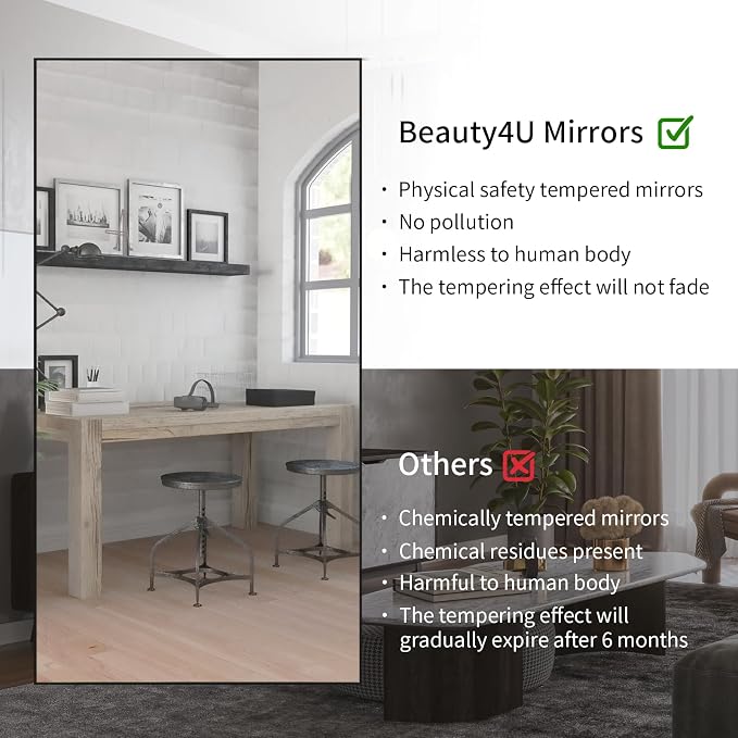 Beauty4U 76" x 34" Full Length Mirror with Stand, Black Large Floor Mirror | Standing, Leaning, or Wall-Mounted Tempered Glass Full Body Mirror with Metal Frame for Bedroom, Closet, Modern Home Decor