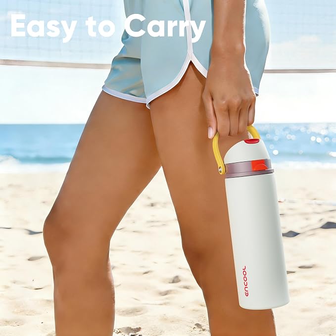 Insulated Water Bottle with Straw - Encool Stainless Steel Water Bottle with Push Button Lid, Leak-Proof & BPA-Free, Keeps Cold for 24 Hours for Sports, Travel, Gym (24 oz, Quill Grey-Red)