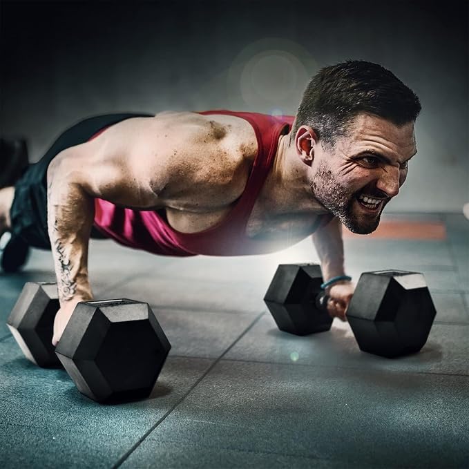 Yes4All Rubber Grip Encased Hex Dumbbell – Hand Weights With Anti-Slip 5-50 LBS Single