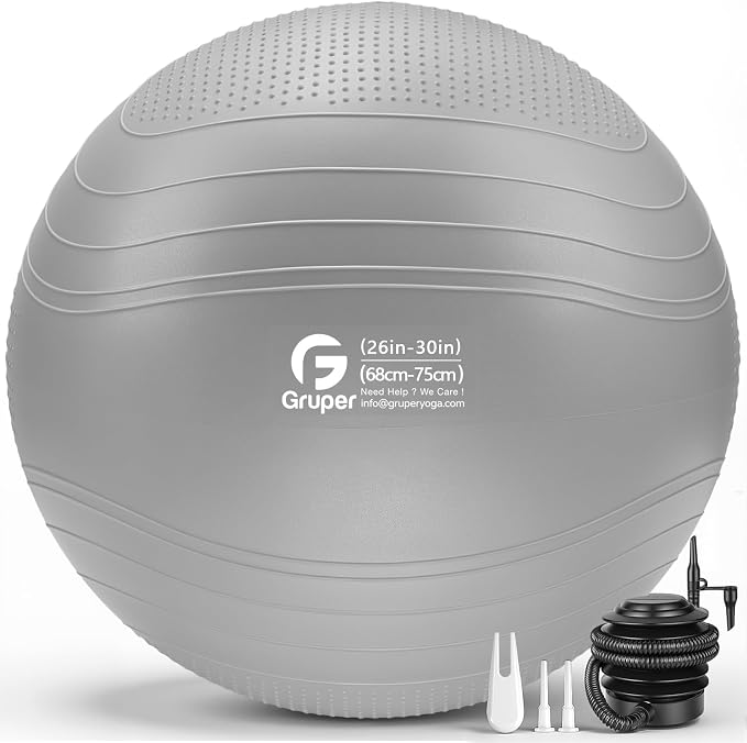 Gruper Yoga Ball, Extra Thick Non Slip Exercise Ball for Workout, Yoga, Pregnancy, 4 Sizes Anti Burst Chair for Home and Office, Includes Foot Pump & Fitness Guide
