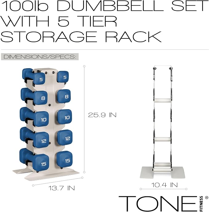Tone Fitness Neoprene Dumbbell Set with Storage Rack – Non-Slip, Anti-Roll Hand Weights for Home Gym Workouts | 20 lb, 32 lb, 50 lb, 60 lb & 100 lb Options