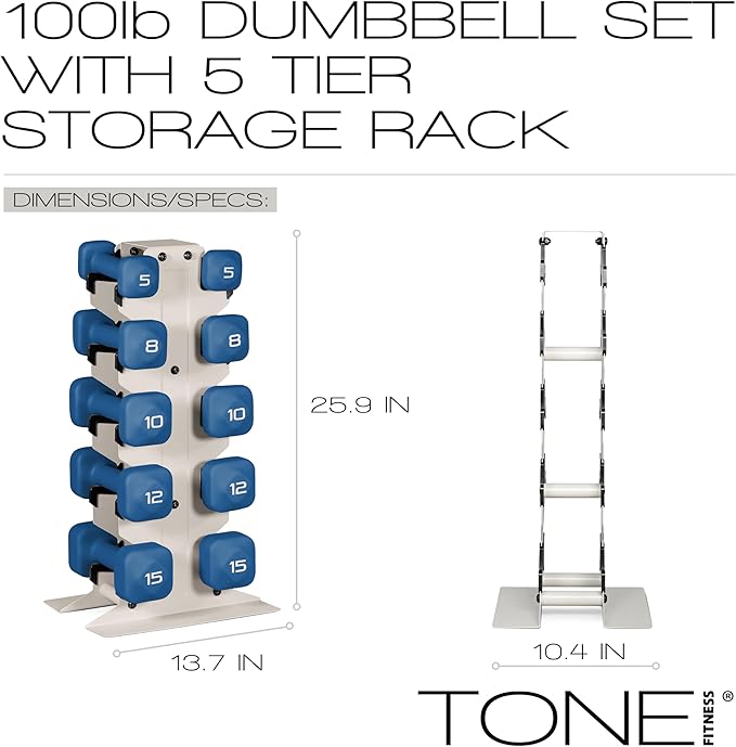 Tone Fitness Neoprene Dumbbell Set with Storage Rack – Non-Slip, Anti-Roll Hand Weights for Home Gym Workouts | 20 lb, 32 lb, 50 lb, 60 lb & 100 lb Options