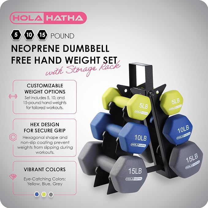 HolaHatha 1, 2 and 3 lb Neoprene Dumbbell Strength Training Weight Set with Rack