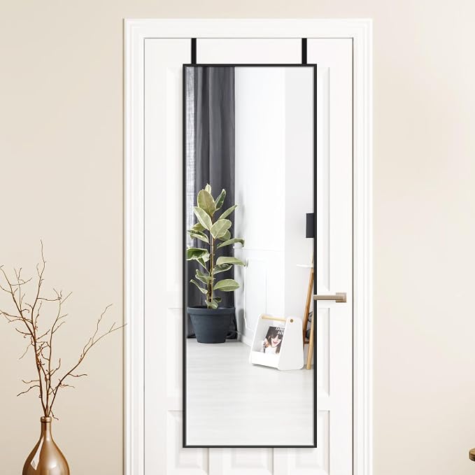 Alpen Black Over The Door Mirror, 47x14 Inches Full Body Mirror Full Length | No Drill for Setup, Easy Door Hanging Use for Closet Organization, Space Saving Bedroom Accessories and Daily Checks