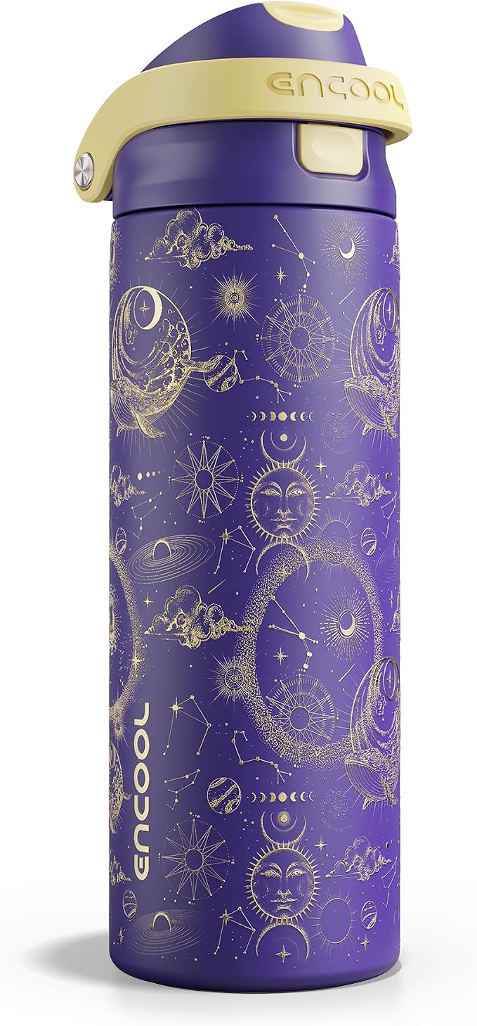 ENCOOL Leakproof Insulated Water Bottle with Straw Dual-Sip Water Bottle Bag-Safe Design for Work, Commute & Gym – Keeps Drinks Cold All Day, 24 oz, Astral Chart