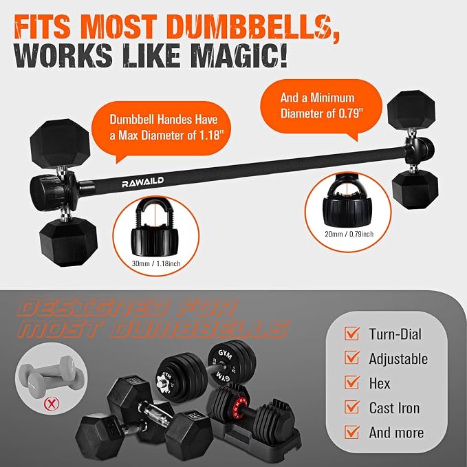 Dumbbell Converter, Convert Dumbbells to Barbell Set, Weight Bar for Bench Presses, Squats, Hip Thrust, Deadlifts, Home Weightlifting and Strength Training, Versatile Home Gym Equipment