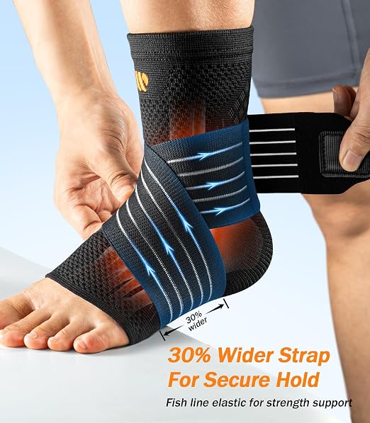 Low-Profile Ankle Braces for Women & Men, Customizable Ankle Compression Sleeve w/Wide Strap, Foot Support Wrap for Plantar Fasciitis Pain Relief, Achilles Tendonitis, Sprain, Black, 1 Pair, XL