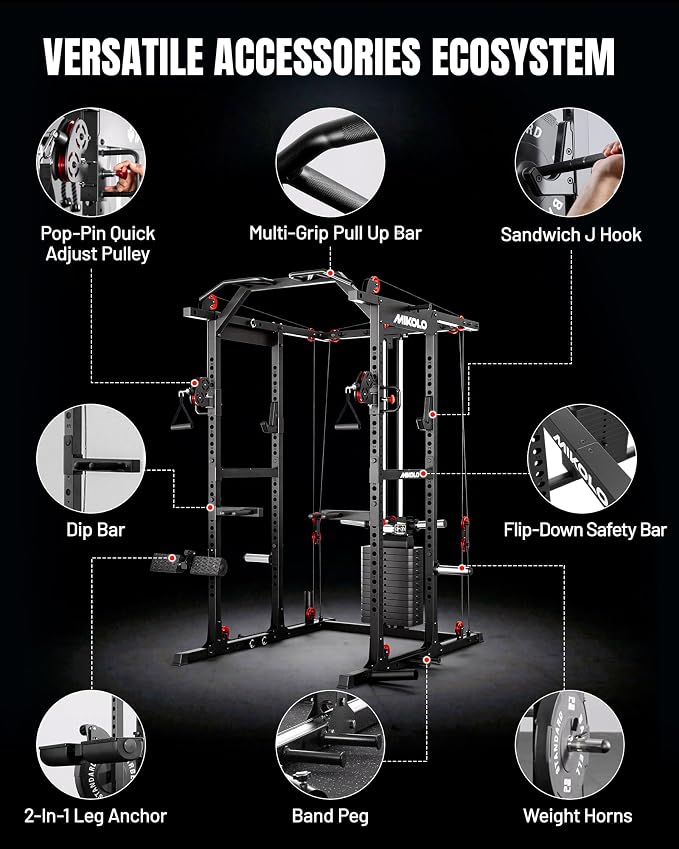 Mikolo K6 2.0 Power Cage, Power Rack with Cable Crossover System, 2000LBS Squat Rack with LAT Pull Down System, Functional Trainer with Aluminum Pulley System for Home Gym