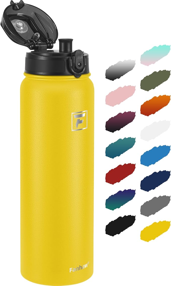 Fanhaw 32 oz Insulated Stainless Steel Water Bottle with Anti-Dust Chug Lid, Leakproof Vacuum Sports Bottle for Kids, Teens & Adults, Back to School Essentials (Yellow)