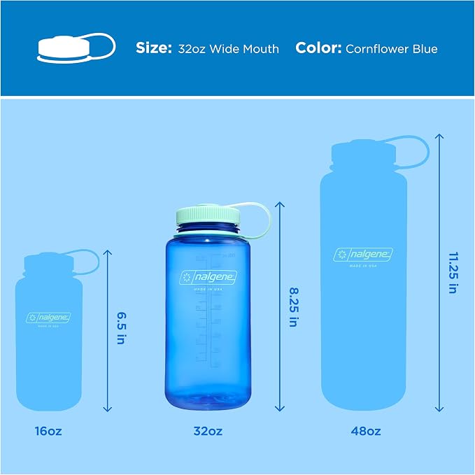 Nalgene 32 oz Wide Mouth Water Bottle, Cornflower Blue | BPA-Free, Durable & Lightweight, Leak Proof, Dishwasher Safe, Large Reusable Plastic Bottle for Hiking, Gym, Work & Travel