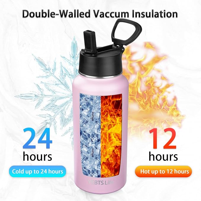 Insulated Water Bottle With Straw,32 oz Vacuum Insulated Stainless Steel Sports Water Flask,Keeps Cold and Hot,Metal Water Bottle Wide Mouth for Gym Travel Camping (Light pink)