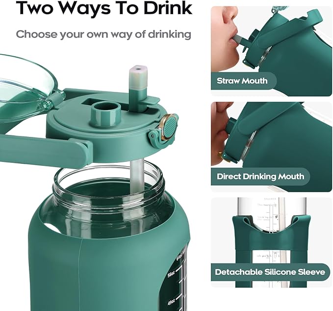 chunmo 74 oz Glass Water Bolttles with Straw Large Motivational Water Bottle with Time Marker Sports Water Bottles with Silicone Sleeve and Handle Lid 2.2L Water Jug for Gym Workout