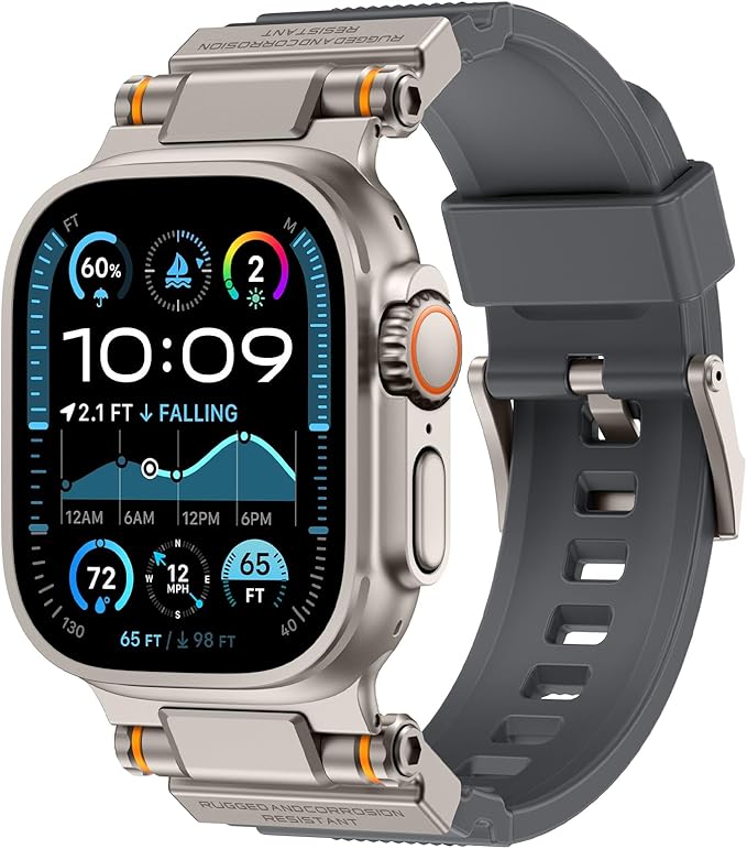 Band Compatible with Apple Watch Ultra 3/2/1 Band 49/46/45/44mm | Metal Connector with Silicone Rugged Strap for iWatch Ultra Series 11/10/9/8/7/6/SE3/SE2/SE/5/4/3/2/1, Gray/Titanium