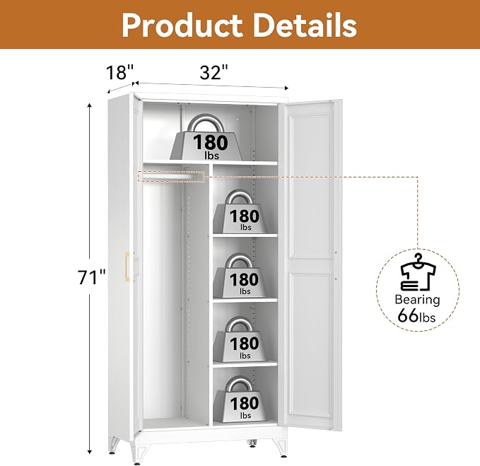Polup Metal Armoire Wardrobe Closet, 71" Tall Wardrobe Cabinet with 2 Doors | Heavy Duty Steel Clothing Storage Cabinet with Hanging Rod & 3 Adjustable Shelves for Bedroom, Office, Broom Closet, White