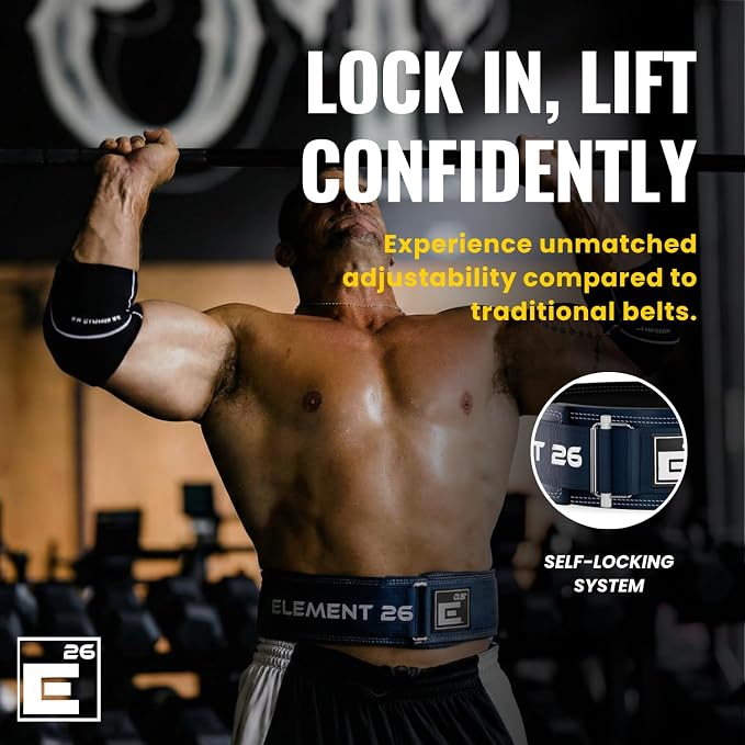 Element 26 Hybrid Leather Weight Lifting Belt | 4” Real Leather Back Support for Gym, Powerlifting, Body Building, Men, Women, Deadlift, Squat, Self Locking, Competition